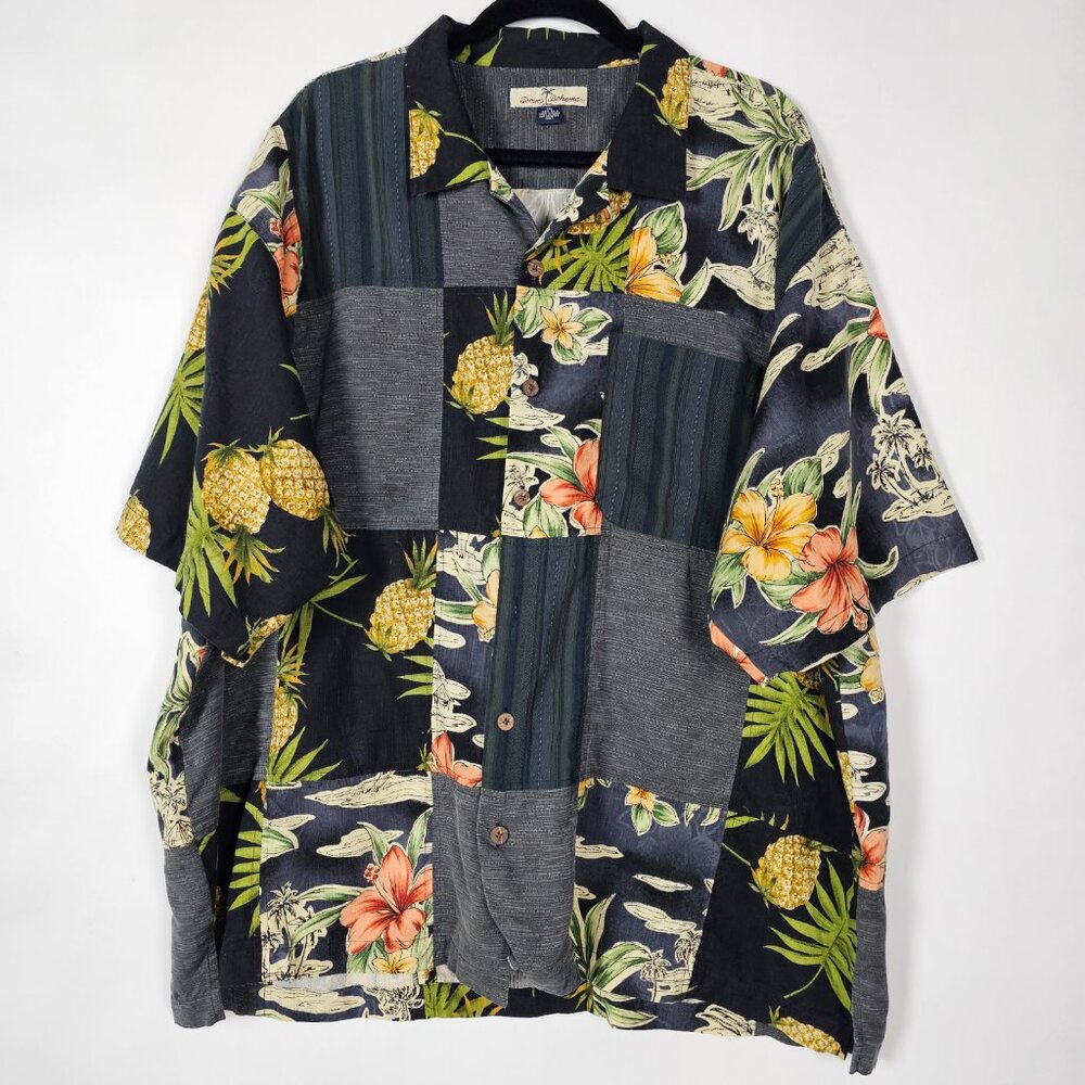 Tommy Bahama 100% Silk Patchwork Floral Mens 2XL Short Sleeve Button Shirt